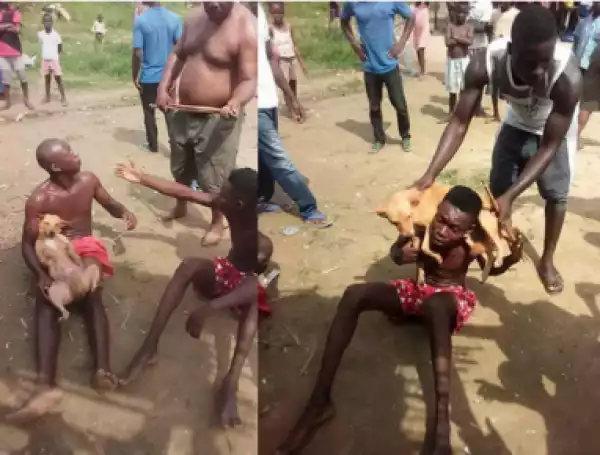 Two Young Men Stripped Half Naked, Paraded In Bayelsa For Allegedly Stealing A Dog (Photos)